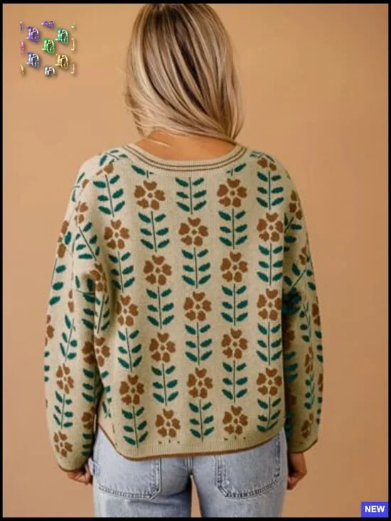 Floral Print V-Neck Cardigan Button Down Knit Sweater Loose Fit Long Sleeve - Picture 3 of 7